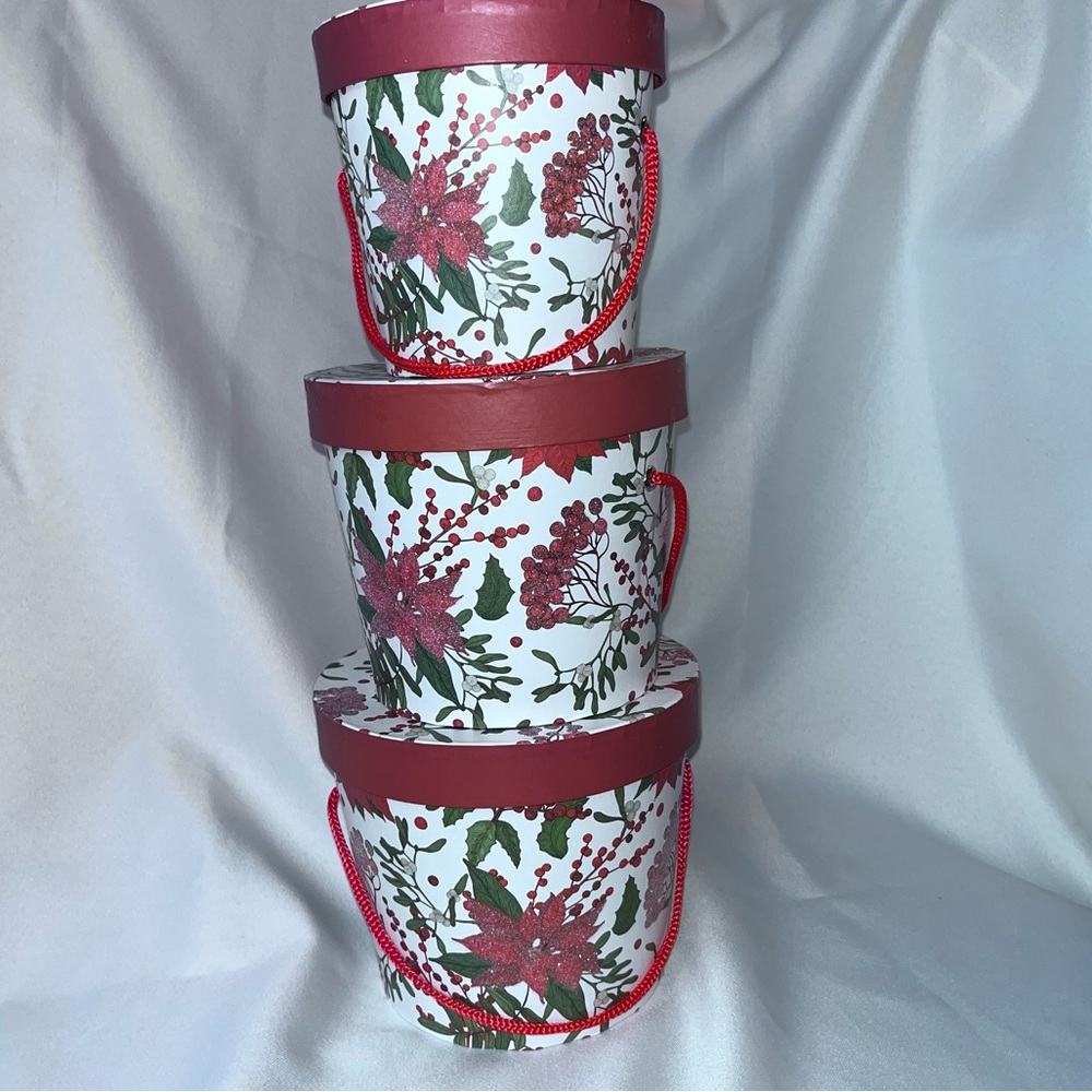 Stackable Christmas Gift Box Set, 3 Red Poinsettia & Holly Berries Nesting Pails